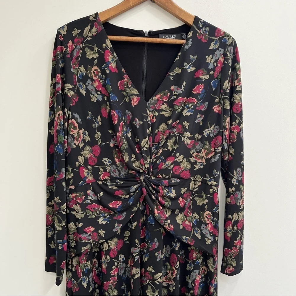 Lauren Ralph Lauren Black Moody Floral Surplice Stretch Jersey Midi Dress 16 - Picture 4 of 15